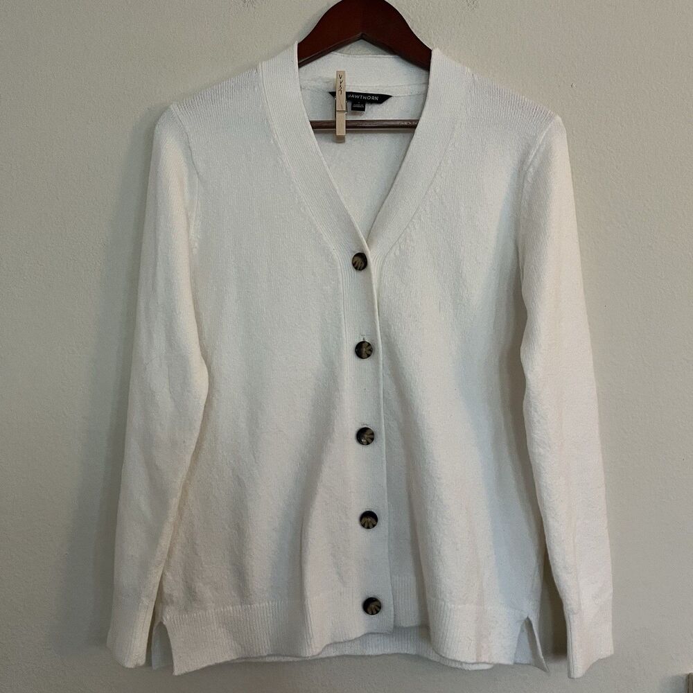 41 Hawthorne White Button Long Sleeve Terry Preppy Stretch Cardigan Sweater SZ S